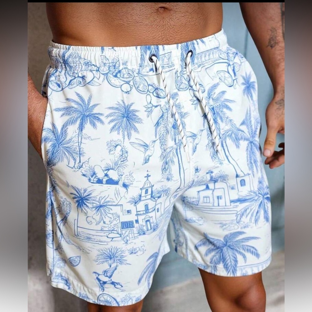 Blue and White Tropical Print Men's Swim Shorts - Picture 3 of 4